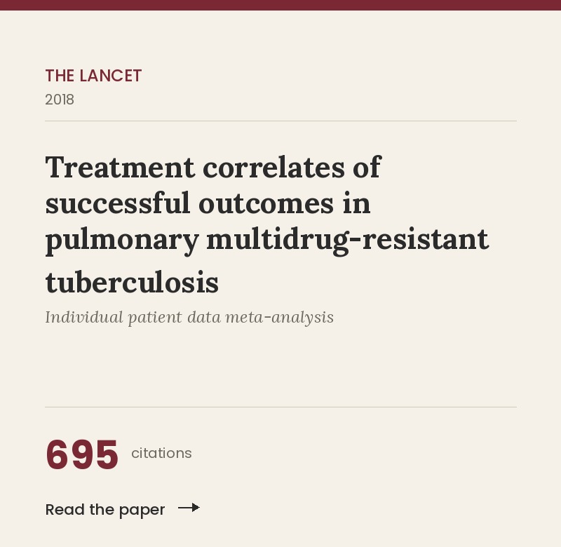 Treatment correlates of successful outcomes in pulmonary MDR-TB, The Lancet 2018, 695 citations
